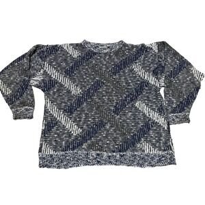VTG Unionbay Men's Large Grandpa Blue Gray‎ Geometric Pattern Crewneck Sweater